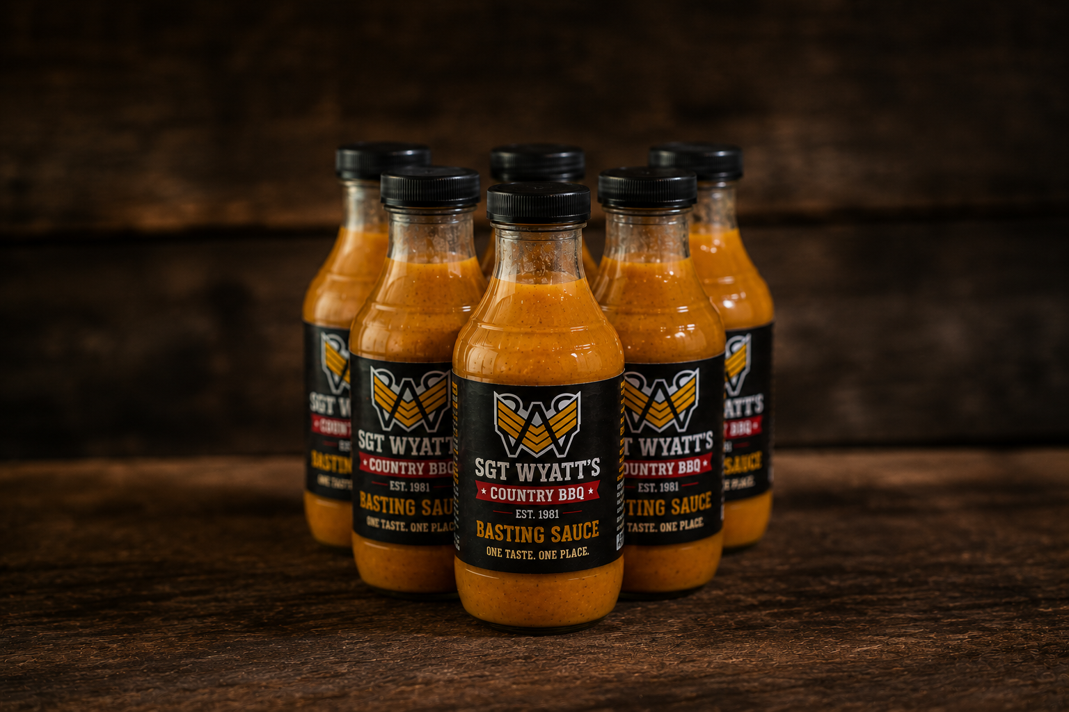 Bottles of Sgt. Wyatt's Country BBQ basting sauce
